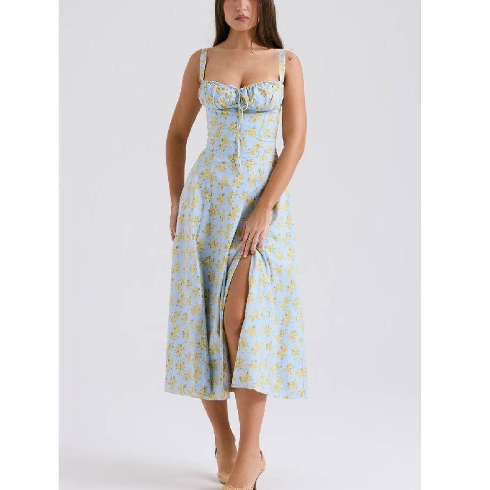 NEW House of CB Carmen Soft Blue Vintage Floral Cotton Bustier Sundress L#2604* - Picture 3 of 12